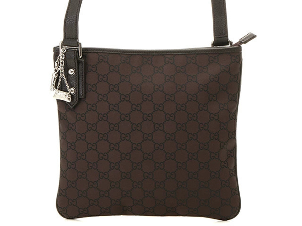 Gucci GG Shoulder Bag Canvas Calfskin Dark Brown